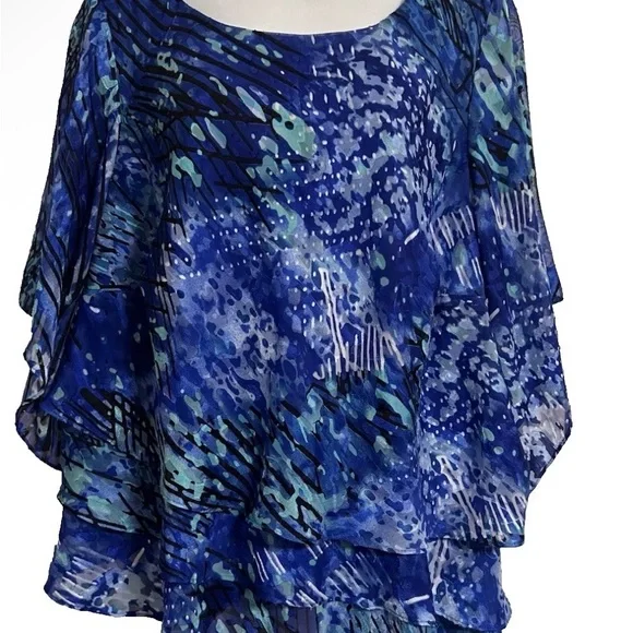 ALEX EVENINGS PLUS SIZE 2X BLUE CHIFFON RUFFLE TIERED ASYMMETRIC BLOUSE TOP - Picture 2 of 12